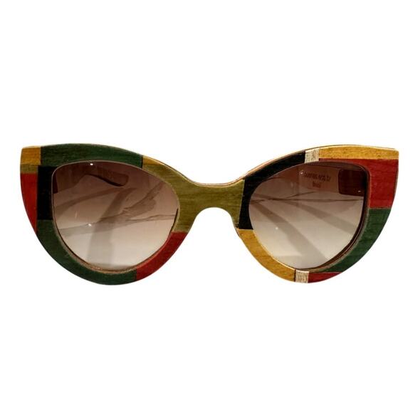 Vintage Accessories - Handmade Brazil Wooden Sunglasses – Cat Eye Colorblock Frames, Retro Eco Style